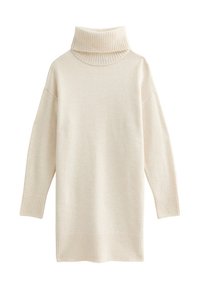 Beige oversized svetr s rolákem, s vroubkovaným límcem a manžetami, měkkou texturou, spadlými rameny a uvolněným střihem, ideální na vrstvení.
