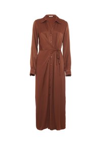 Robe longue en satin brun avec manches longues, bouton sur le devant, col et ceinture à nouer sur le côté.