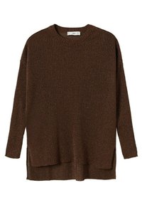 Pull en maille côtelée marron avec des manches longues, coupe décontractée, col montant et fentes sur les côtés. Texturé avec des fils métalliques subtils.
