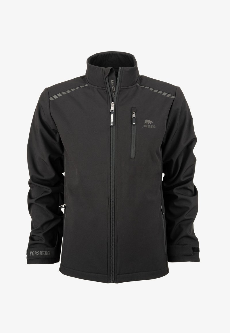 Black softshell jacket featuring a high collar, zippered front and pockets, and textured accents on shoulders. Logo "Forsberg" on chest.