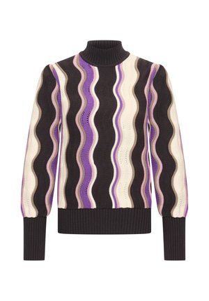 Knitted turtleneck sweater featuring a wavy pattern in black, white, purple, and brown. Long sleeves with ribbed cuffs and hem.