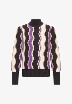 Neulepusero, jossa on tumman, vaalean, purppuran ja ruskean sävyinen aaltoilu. Pitkät hihat, joissa on ribbireunat hihoissa ja helmassa.