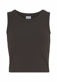 Tamno smeđi rebrasti crop top s okruglim izrezom i bez rukava, s glatkom teksturom i prilagođenim krojem.