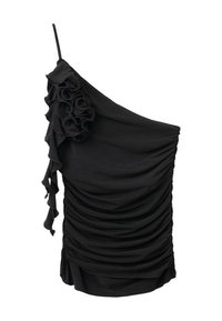 Black one-shoulder top with ruffled accents, gathered texture, and a fitted design. Made of smooth, stretchy fabric.
