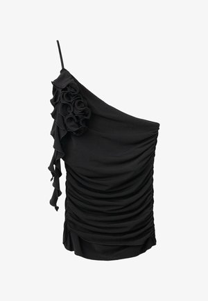 Black one-shoulder top with ruffled accents, gathered texture, and a fitted design. Made of smooth, stretchy fabric.