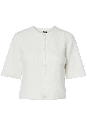 Witte cardigan met korte mouwen, ronde hals, ribbelstructuur en vijf knopen; zachte stof met een relaxte pasvorm.