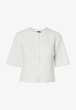 Weißer kurzärmeliger Cardigan mit Rundhalsausschnitt, geripptem Material und fünf Knöpfen; weicher Stoff mit legerem Schnitt.