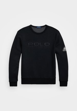 Schwarzes Polo Ralph Lauren Sweatshirt mit langen Ärmeln, mit einem geprägten Logo auf der Brust und einem kleinen dreieckigen Logo-Patch am linken Ärmel.