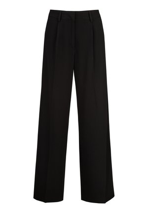 Zwarte wijde broek met een gladde textuur, met voren geplooide details en een platte tailleband. Geen zichtbare metalen elementen of patronen.