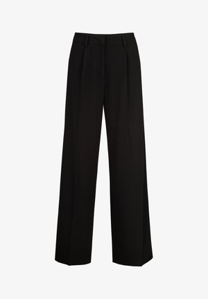 Black wide-leg trousers with a smooth texture, featuring front pleats and a flat waistband. No visible hardware or patterns.