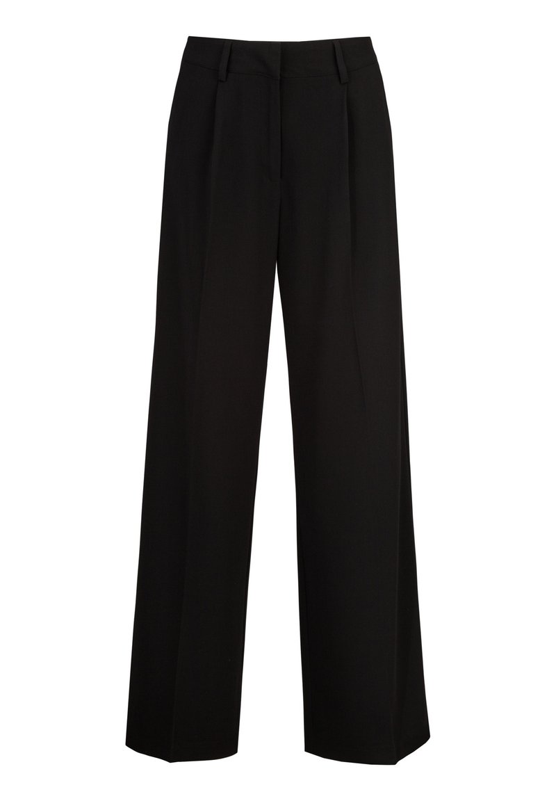 Zwarte wijde broek met een gladde textuur, met voren geplooide details en een platte tailleband. Geen zichtbare metalen elementen of patronen.