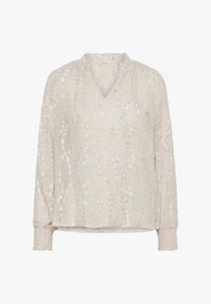 Blouse rose clair avec un col en V et des manches longues, présentant un motif texturé avec des accents argentés et des poignets froncés pour plus de détails.