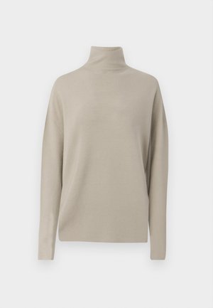 Hellbeige Rollkragenpullover aus weichem Strickmaterial, der eine lässige Passform mit langen Ärmeln und einem hohen Kragen bietet. Keine sichtbaren Muster.