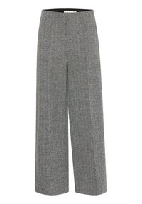 Hoch taillierte, weite Hosen im Glencheck-Muster, mit einem schwarzen Gummibund und einem strukturierten Stoff in Grau- und Weißtönen.
