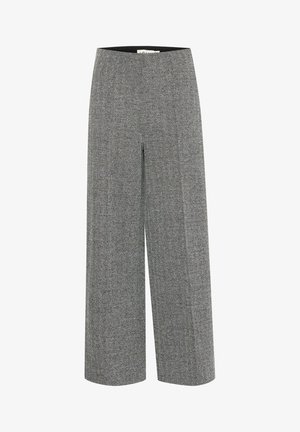 High-waisted, wide-leg trousers in a houndstooth pattern, featuring a black elastic waistband and a textured fabric in gray and white tones.