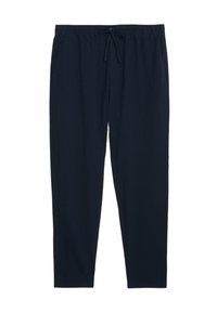 Pantaloni in tessuto leggero di colore blu navy, con vita elastica, cordoncino regolabile e due tasche laterali.