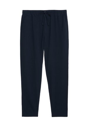 Pantaloni in tessuto leggero di colore blu navy, con vita elastica, cordoncino regolabile e due tasche laterali.