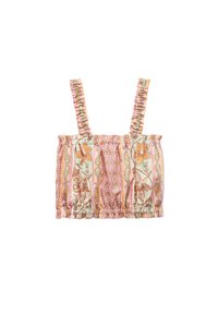 Bloemmotief cropped top met een smock-bodice, lichtroze basis en dunne, gerimpelde banden. Bevat decoratieve strepen in aardetinten.
