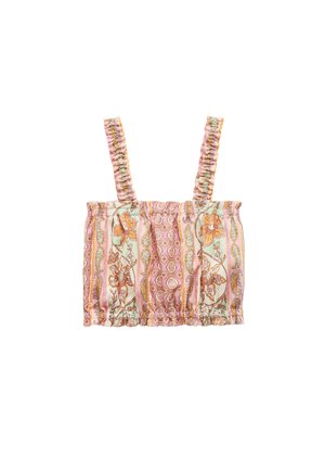Bluse mit floralem Muster, verkürztem Schnitt und gerafftem Oberteil, hellrosa Grundfarbe und dünnen, rüschierten Trägern. Verfügt über dekorative Streifen in erdigen Farbtönen.