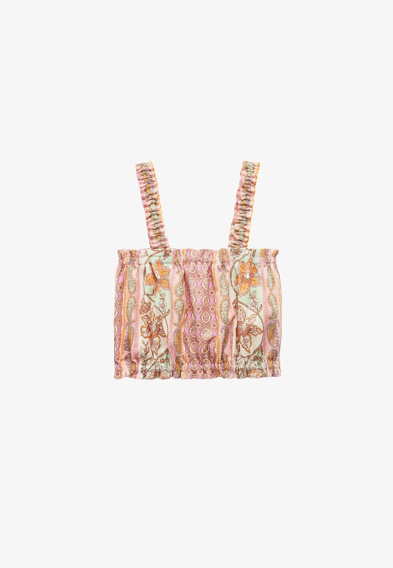 Bluse mit floralem Muster, verkürztem Schnitt und gerafftem Oberteil, hellrosa Grundfarbe und dünnen, rüschierten Trägern. Verfügt über dekorative Streifen in erdigen Farbtönen.