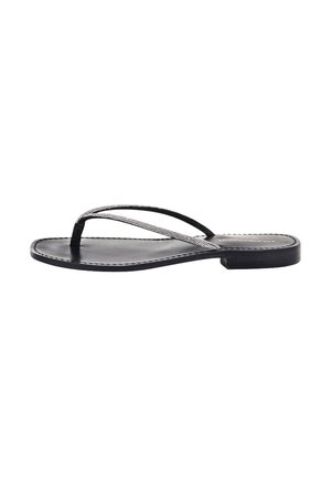 Black flip-flop sandal with a flat sole. Features two thin straps with a textured silver accent. Minimalistic design with no heel.