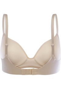 Beżowy biustonosz na drutach z gładkim, bezszwowym wzornictwem. Regulowane ramiączka oraz zapięcie na haftkę z tyłu. Miękka tekstura materiału.