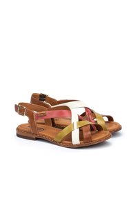 Bruna lädersandaler med flerfärgade remmar i vitt, orange, rosa och olivgrönt. Öppen tå-design med justerbart ankle-strap.