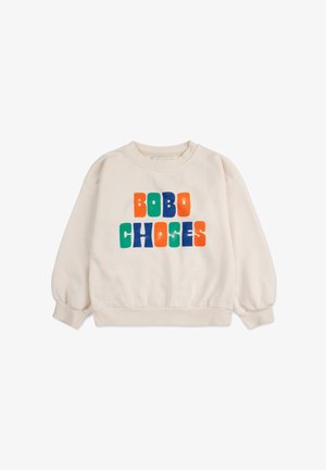 Sudadera de color crema con mangas largas y abullonadas. Presenta un texto en negrita y multicolor "BOBO CHOSES" en verde, naranja, azul y rojo.