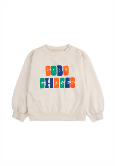 Sudadera de color crema con mangas largas y abullonadas. Presenta un texto en negrita y multicolor "BOBO CHOSES" en verde, naranja, azul y rojo.