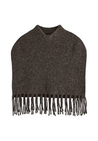 Brun strikket poncho med høj hals og frynse detalje langs den nederste kant, der har en ribbet tekstur for ekstra varme.