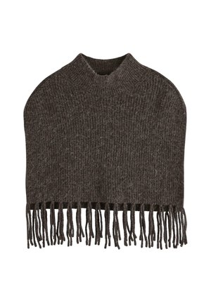 Poncho lavorato a maglia marrone con colletto alto e dettagli in frangia lungo il bordo inferiore, caratterizzato da una texture a coste per un calore extra.