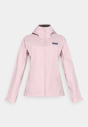 Heleroosa veekindel jope kapuutsiga, esikinnis lukuga, reguleeritavate varrukate ja väikese brändilogo vasakul rinnal. Sile, matt tekstuur.