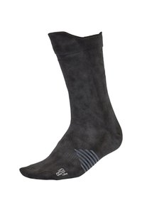 Schwarze Sportsocke aus strukturiertem Stoff mit geripptem oberen Rand und markanten blauen Streifen nahe der Zehenpartie, mit Logodetail auf der Sohle.