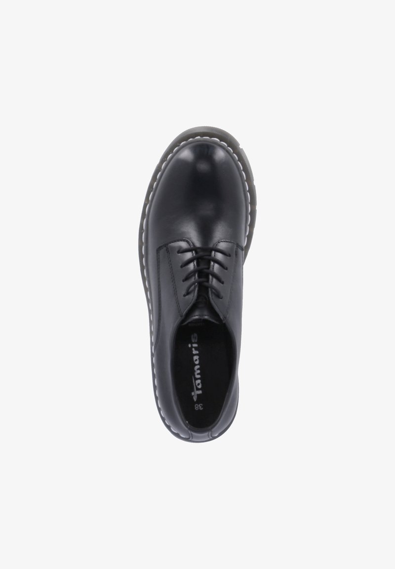 Chaussure noire en cuir à lacets avec bout arrondi et semelle cousue, vue de dessus, taille 38.