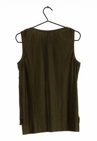 Olive green sleeveless top with vertical pleating, scoop neckline, and side slits for added detail. Made from soft fabric.
