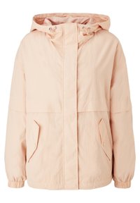 Vaaleanpunainen huppariki jacket, suoran leikkauksen omaava, elastiset hihansuut ja kaksi etutaskua. Valmistettu sileästä, kevyestä kankaasta.