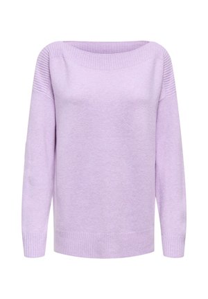 Lila gestrickter Pullover mit weitem Ausschnitt, gerippten Akzenten an Schultern und Bündchen sowie einer weichen, strukturierten Oberfläche.