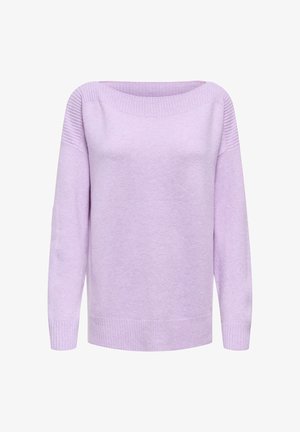 Lilla strikket sweater med vid halsudskæring, ribstrikkede detaljer på skuldre og ærmekanter samt en blød, struktureret finish.