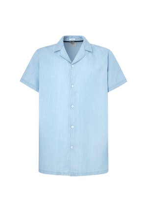 Ljusblå kortärmad skjorta gjord av mjukt tyg. Har en urklippt krage och sex knappar fram. Enkel, enhetlig design.