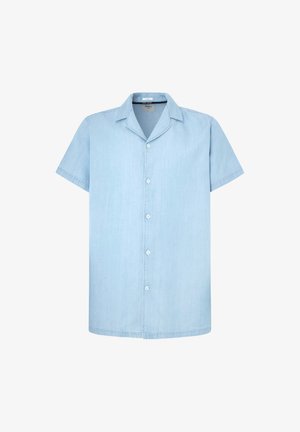 Jasnoniebieska koszula z krótkim rękawem, wykonana z miękkiego materiału. Posiada kołnierz z wycięciem i sześć guzików z przodu. Prosty, jednolity design.