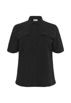 Musta lyhythihainen nappipaita, jossa on kaksi rintataskua ja klassinen kaulus, esitettynä valkoisella taustalla.