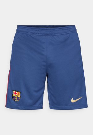 Blaue Nike-Shorts aus strukturiertem Stoff, mit elastischem Bund und roten Seitenelementen. Mit dem Barcelona FC-Logo und dem goldenen Nike-Swoosh.