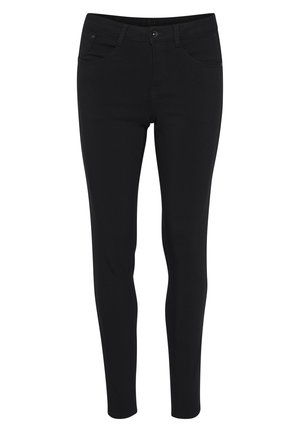 Sorte slim-fit jeans med fem lommer, bæltestropper, lynlås og tekstiler for ekstra komfort og fleksibilitet.