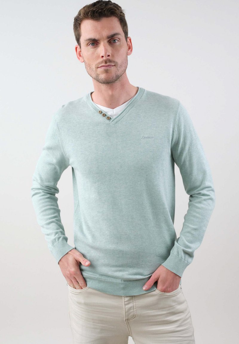 Pull en maille vert clair avec un col en V et trois boutons au col. Design ajusté avec des poignets et un ourlet côtelés.