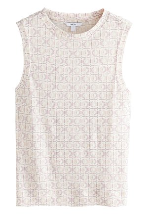 Bez rękawów top z lekkiej beżowej tkaniny z geometrycznym wzorem w delikatnym różu i mauve. Okrągły dekolt i luźny krój.