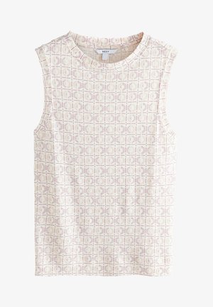 Bez rękawów top z lekkiej beżowej tkaniny z geometrycznym wzorem w delikatnym różu i mauve. Okrągły dekolt i luźny krój.