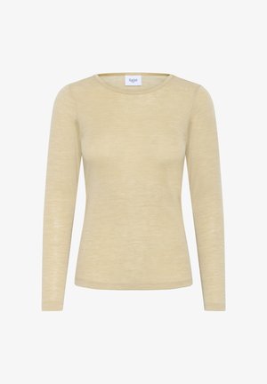 Duga rukava majica svijetložute boje, izrađena od mekog materijala. Ima okrugli izrez i prilagodljiv siluetu, s minimalnim šavovima i glatkom teksturom.