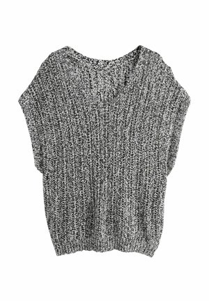 Schwarz-weiß melierter Strickpullover mit kurzen Ärmeln, V-Ausschnitt und geripptem Saum, flach auf weißem Hintergrund ausgelegt.