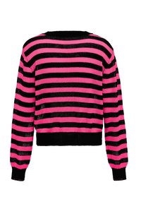 Fekete és rózsaszín csíkos, rövid fazonú pulóver hosszú ujjakkal, bordás mandzsettákkal és laza, texturált kötésmintával.