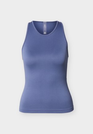 Μπλε αμάνικη ριγωτή μπλούζα με στρογγυλή λαιμόκοψη σε απλό ανοιχτό γκρι φόντο, που δείχνει την εμπρόσθια όψη και την υφή του υφάσματος.